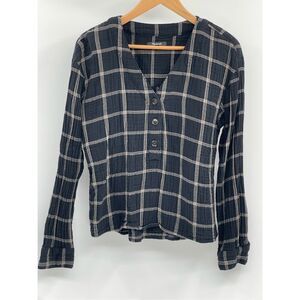Madewell Shirt Top Women Size‎ Large Black Check Gauze Long Sleeve Button V Neck